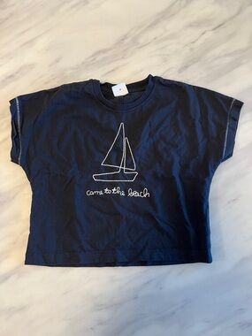 Zara Navy Short-Sleeve Tee with White Sailboat Embroidery